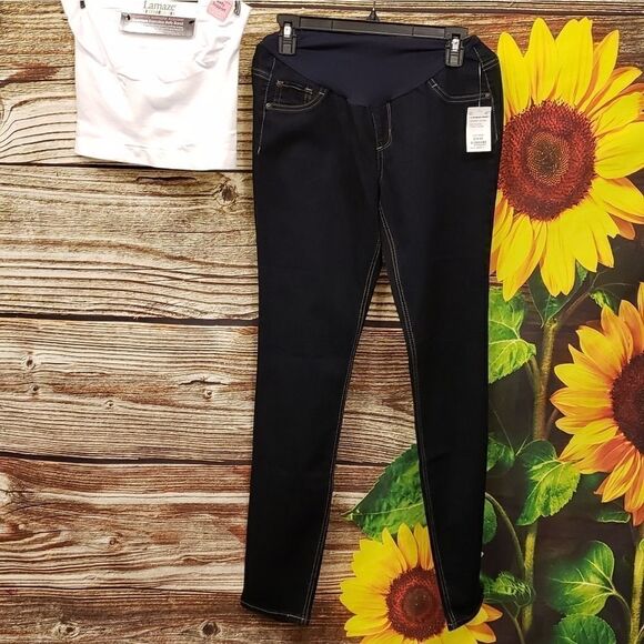 Indigo blue maternity Jeggings/ lamaze belly band - Picture 1 of 11